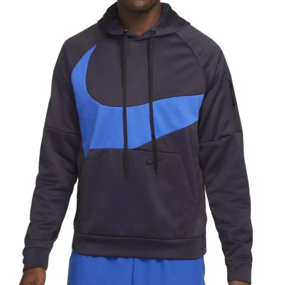 Nike Men's Black Hoodie with Blue Swoosh